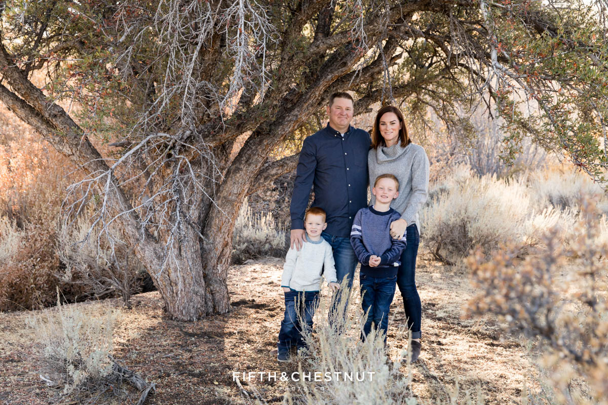 A unique tree and a family of four is the focus of these Thomas Creek Portraits.