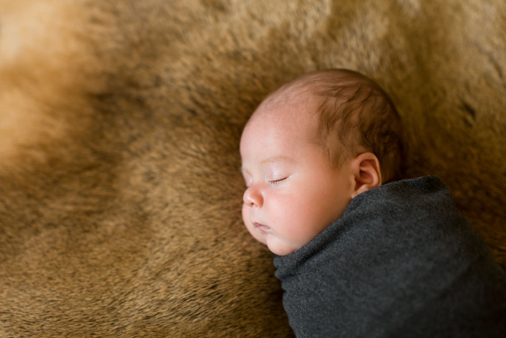a newborn baby boy laying on an elk pelt while swaddled in gray stretchy fabric for his reno newborn photos by Reno Newborn Photographer