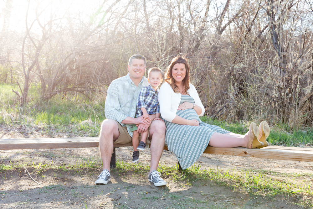 Family photo on a bench at Oxbow in Reno for Reno Family and Maternity photo by Reno Maternity Photographer