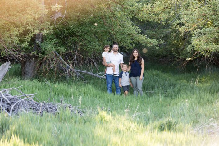 A family of four snuggles together in a lush summer meadow for Reno Family Portraits by Reno Family Photographer