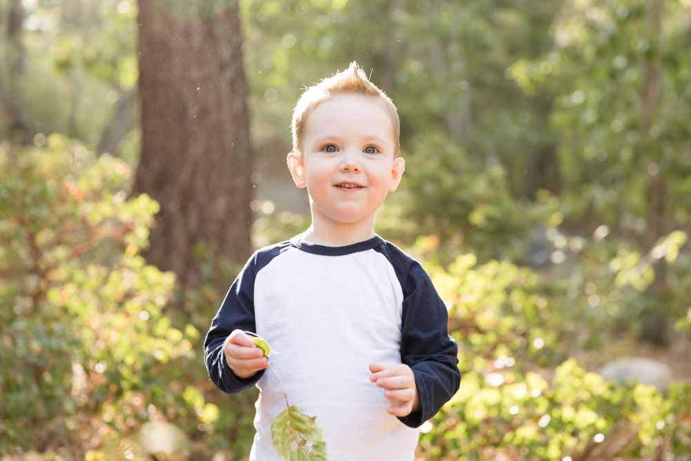 3-year-old boy in front of manzanita and pine trees at Galena Creek Park for fall child portraits by Reno Family Photographer