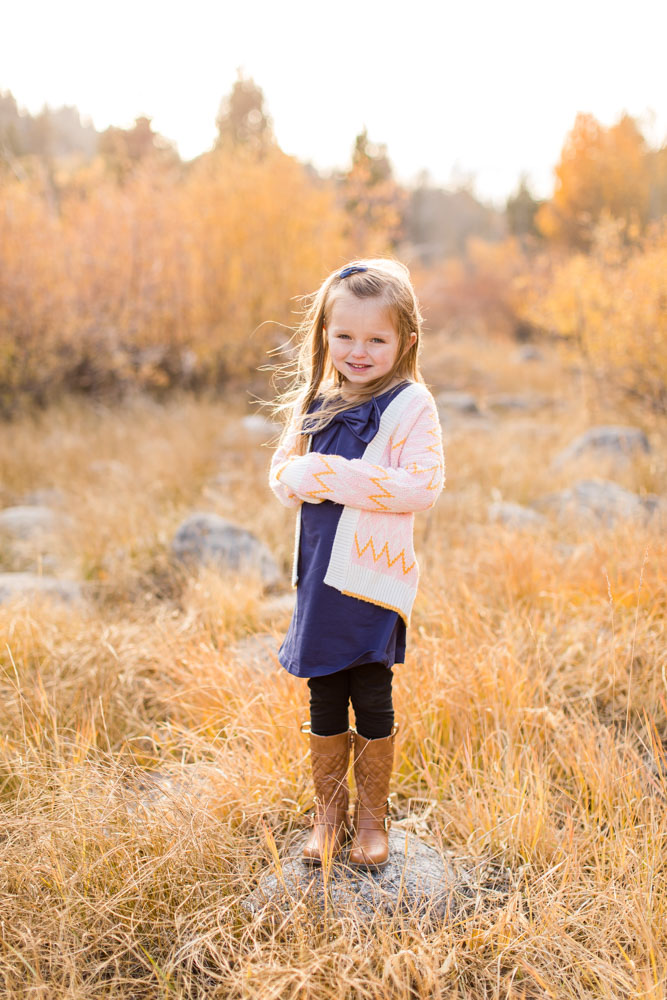 A little girl wearing pink and blue stands on a rock in a golden field for her Hope Valley Family Portraits