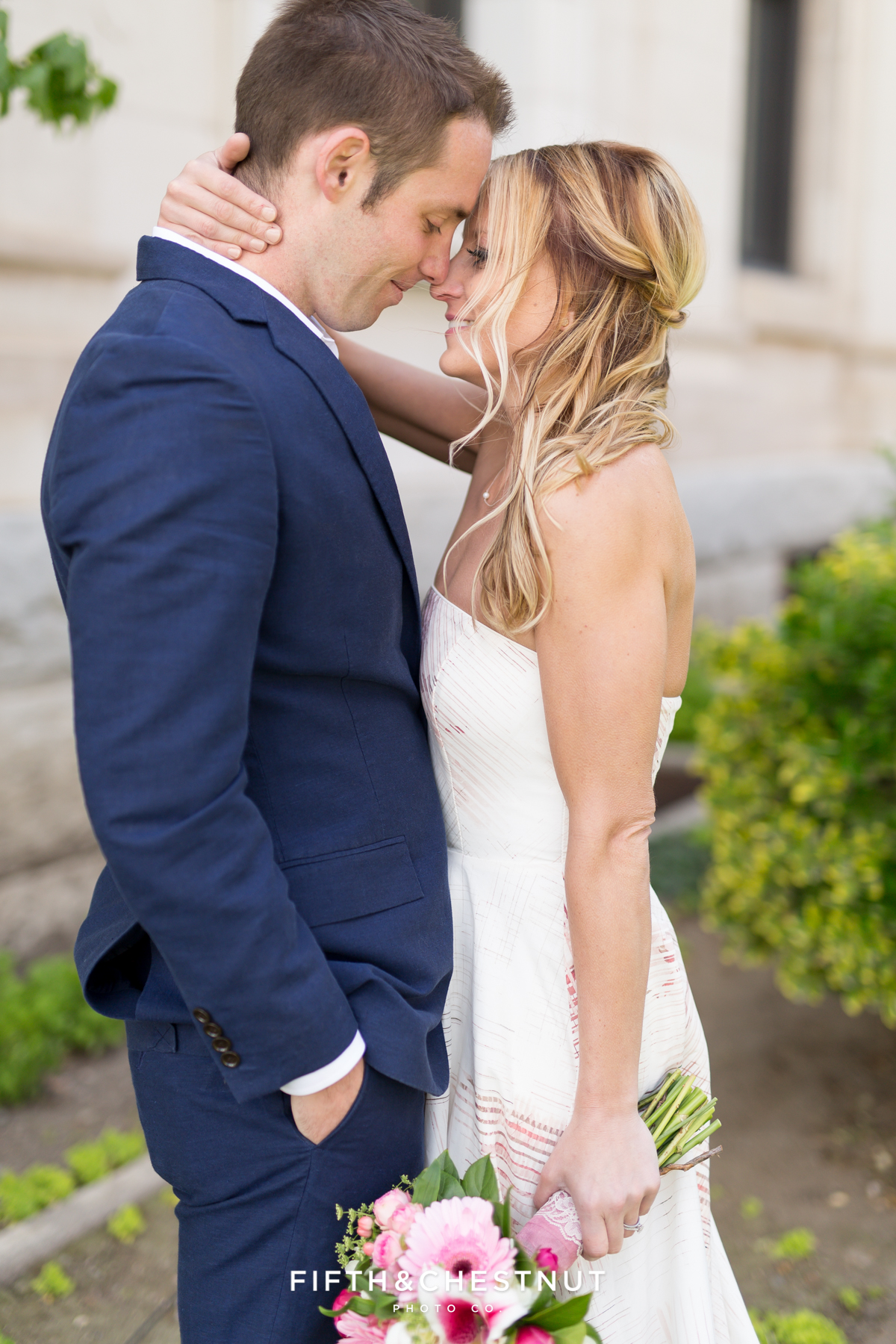 A romantic moment between a bride and groom on their wedding day in Reno by Reno Elopement Photographer