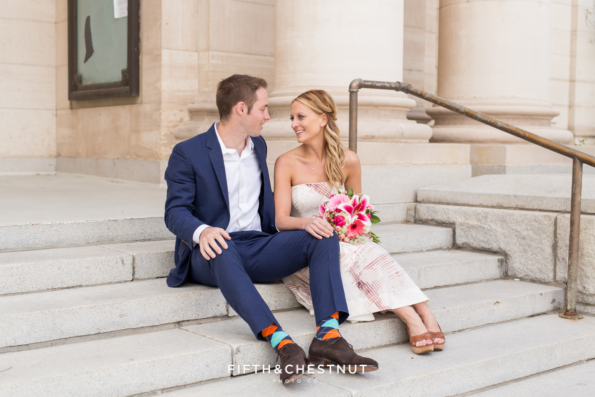 Bride and groom portrait at the courthouse in Reno for their downtown Elopement