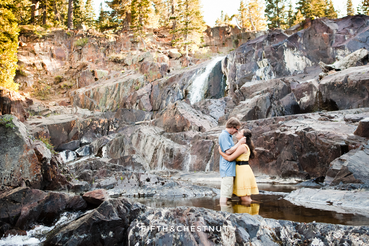 Enaged Couple's Fallen Leaf Lake Portraits at Glen Alpine Falls