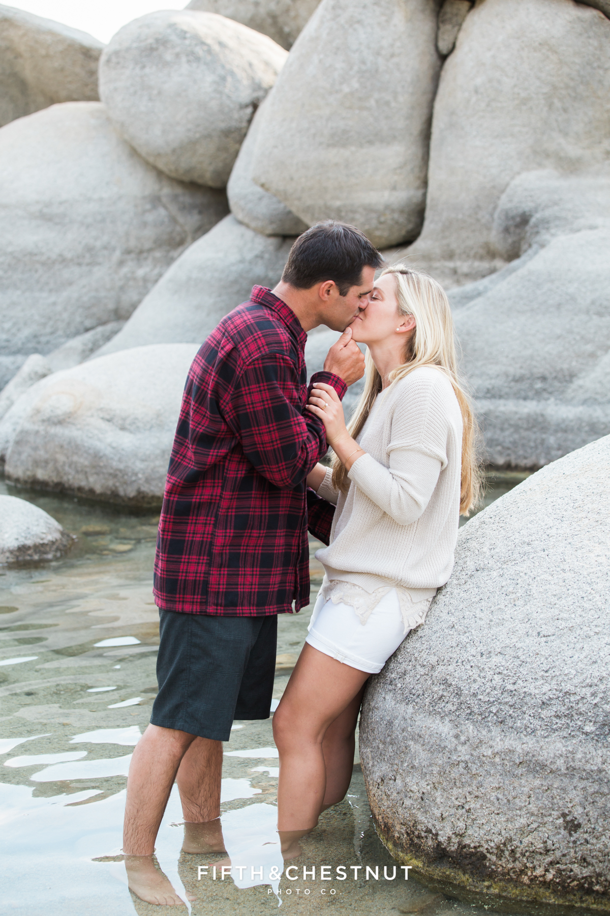 Portraits of engagement couple at Sand Harbor in Incline by Lake Tahoe Wedding Photographer
