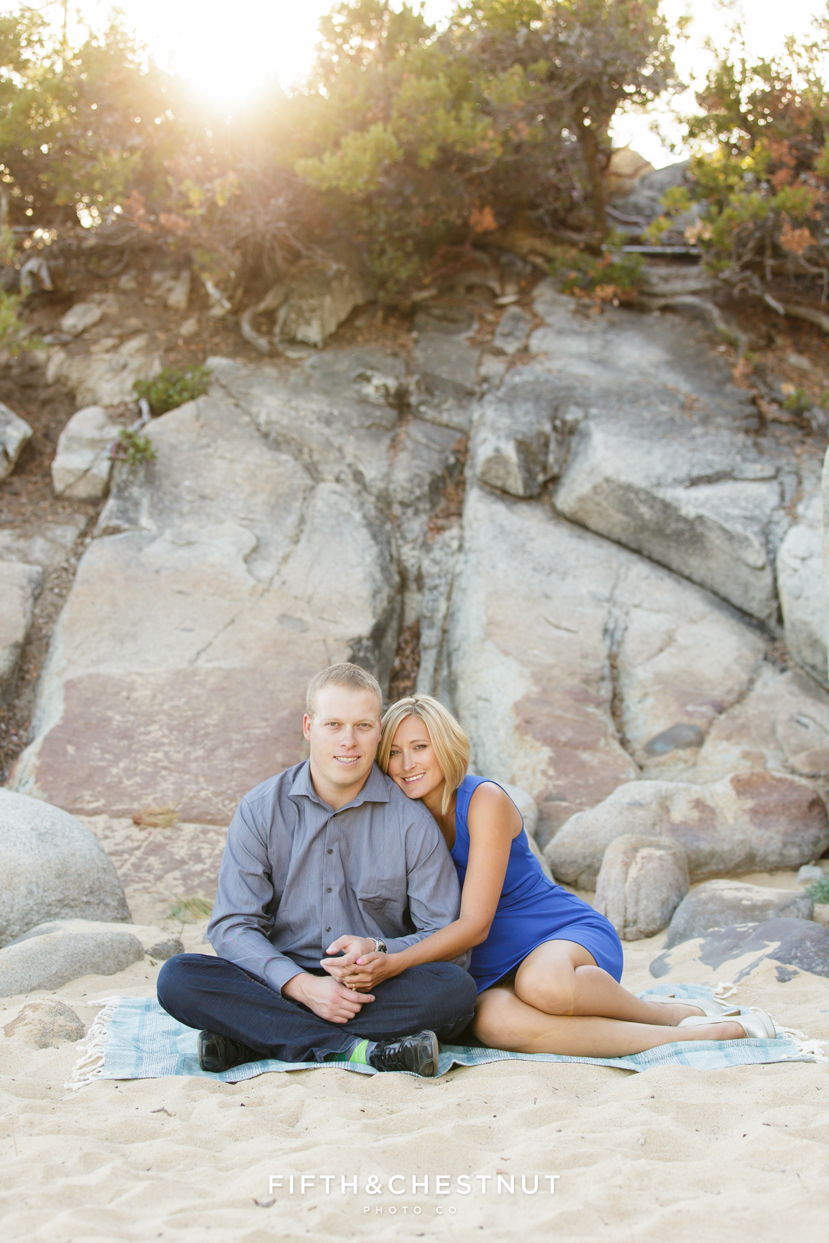 Speedboat Beach Portraits of romantic engagement in Lake Tahoe by Lake Tahoe Wedding Photographer