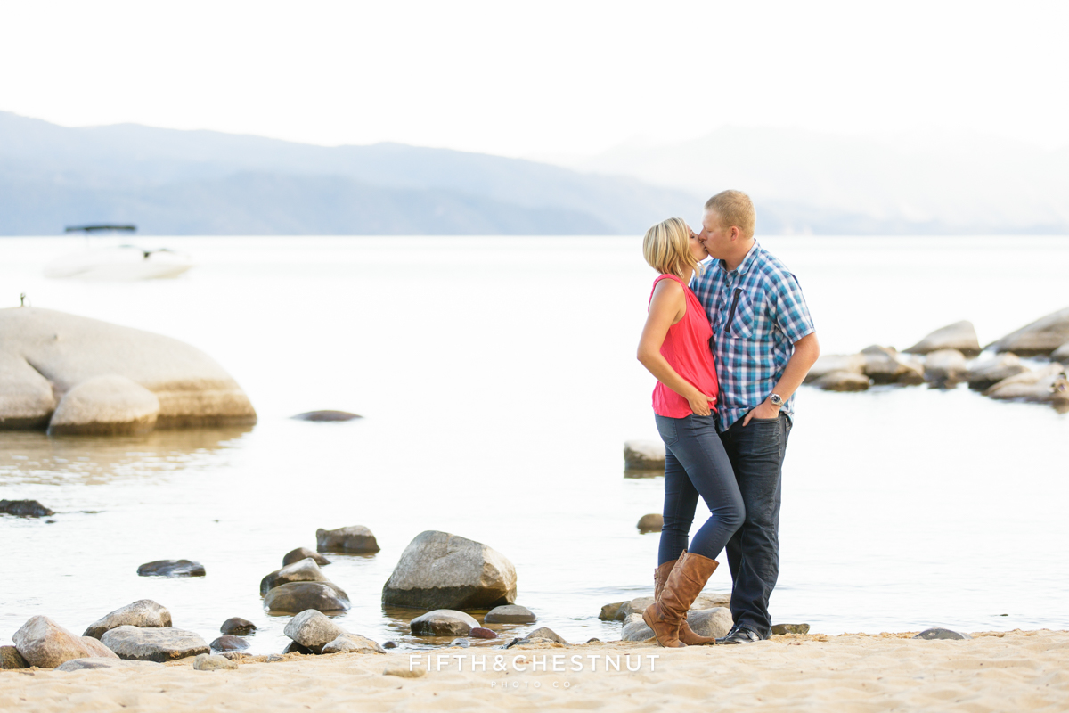 Speedboat Beach Portraits of romantic engagement in Lake Tahoe by Lake Tahoe Wedding Photographer