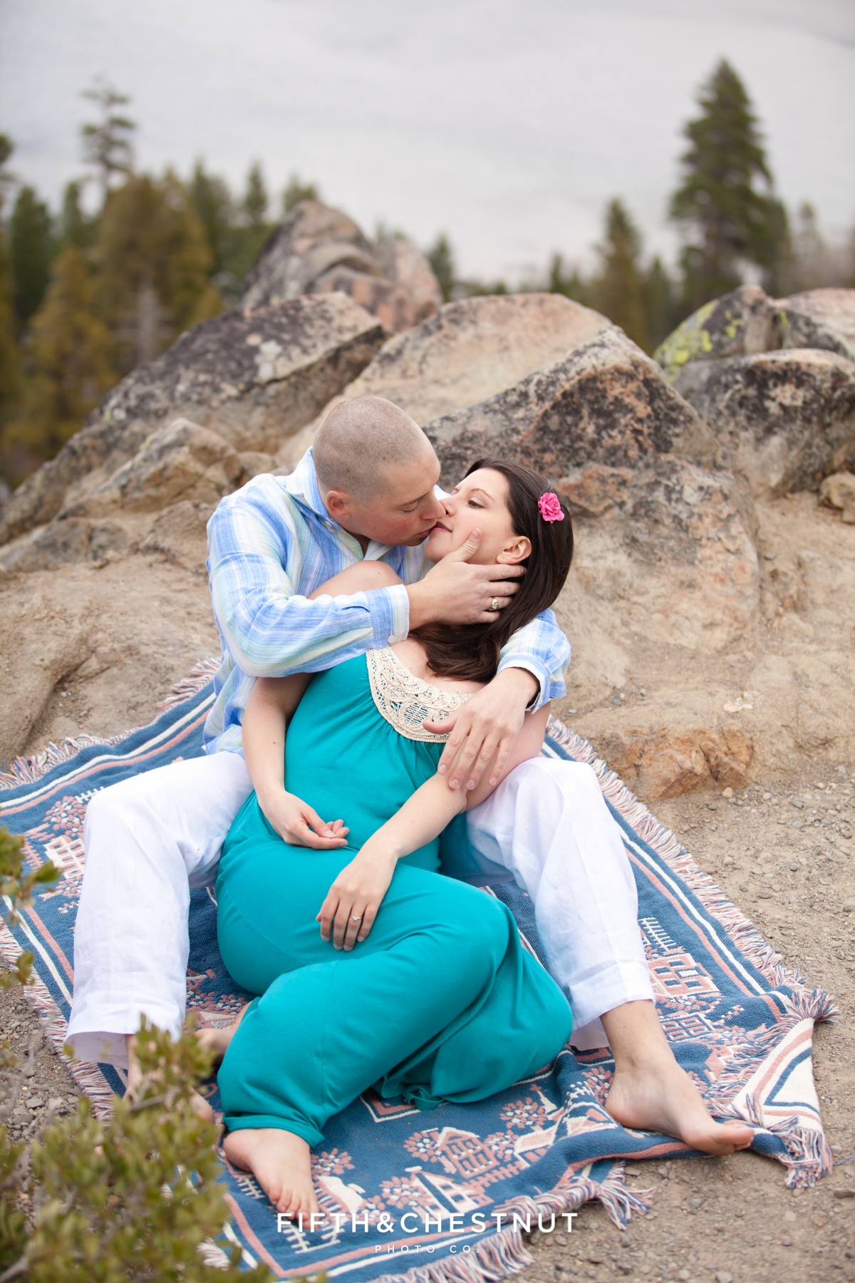 Eagle Falls Portraits of engaged couple in Spring by Lake Tahoe Wedding Photographer