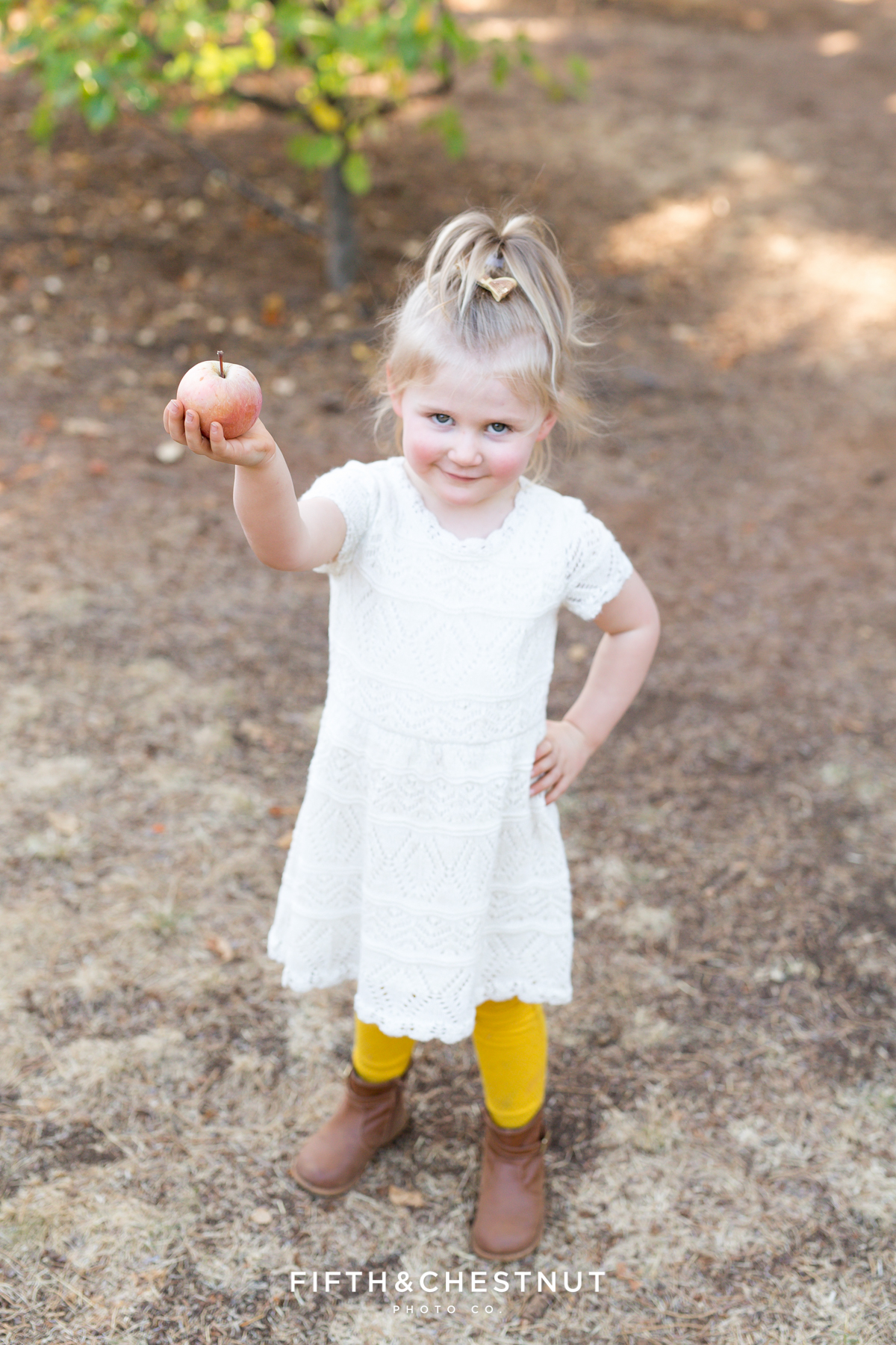 Apple Hill Portrait of little girl holding an apple by Reno Family Photographer