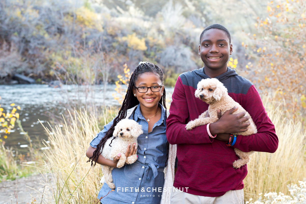 Cute fall family portrait of siblings and dogs at Mayberry Park in Reno by Reno Family Photographer