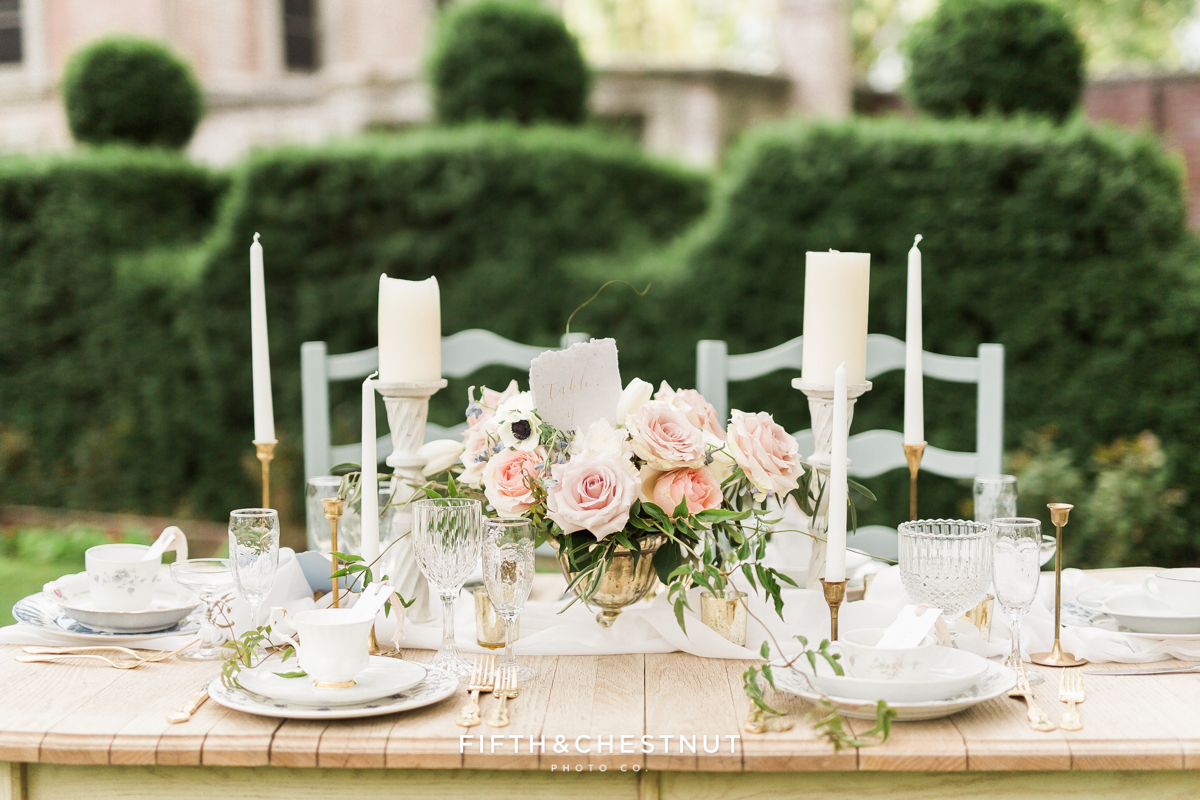 Up close shot of country french wedding centerpiece in a private estate garden in Reno, NV