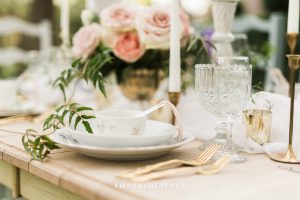 Gold table setting for a Dusty Blue Private Estate Country French Wedding Styled Shoot