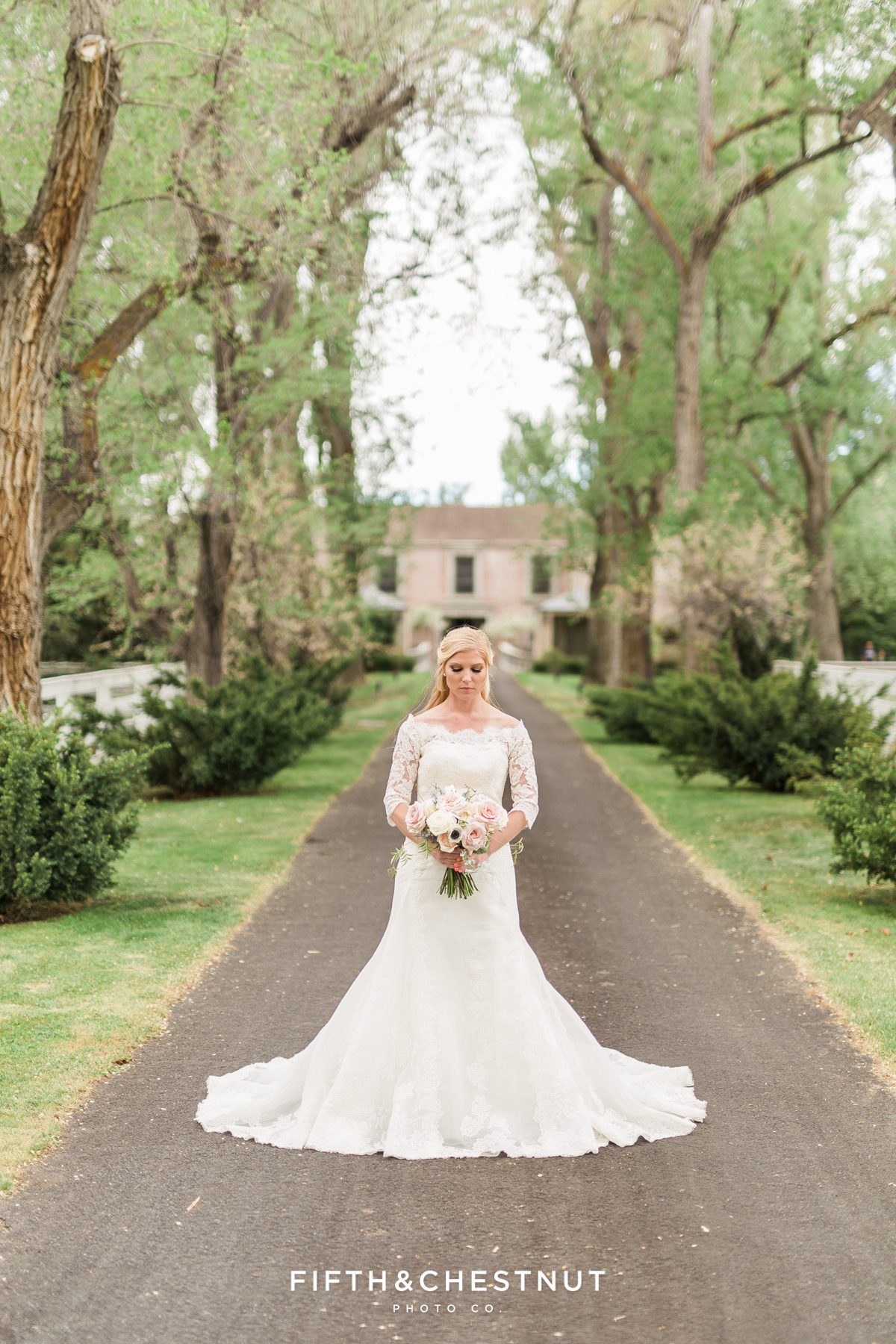 Bride standing in oak-lined path leading to an elegant private estate
