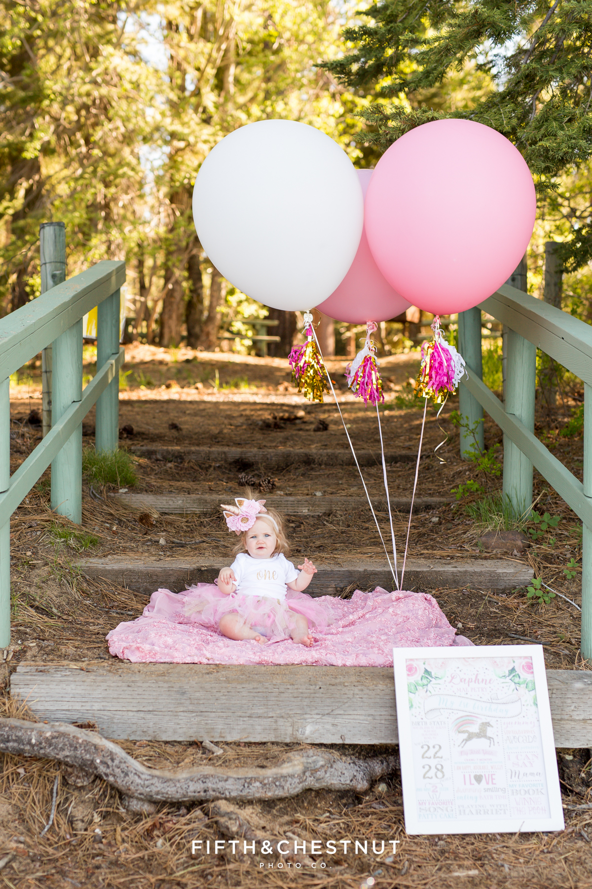 One year photos of baby girl at Kiva Beach with pink balloons and sign
