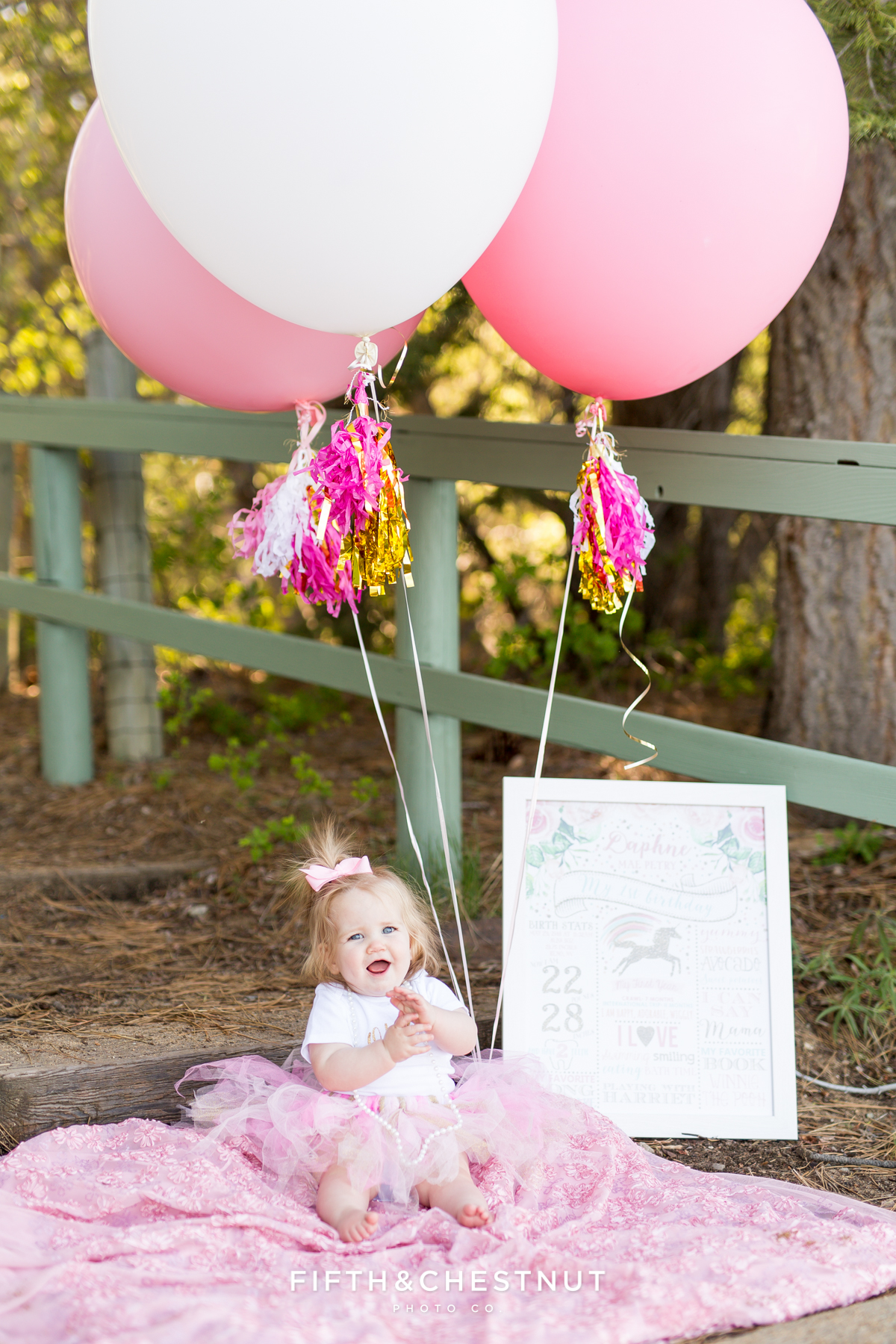 One year photos of baby girl at Kiva Beach with pink balloons and sign