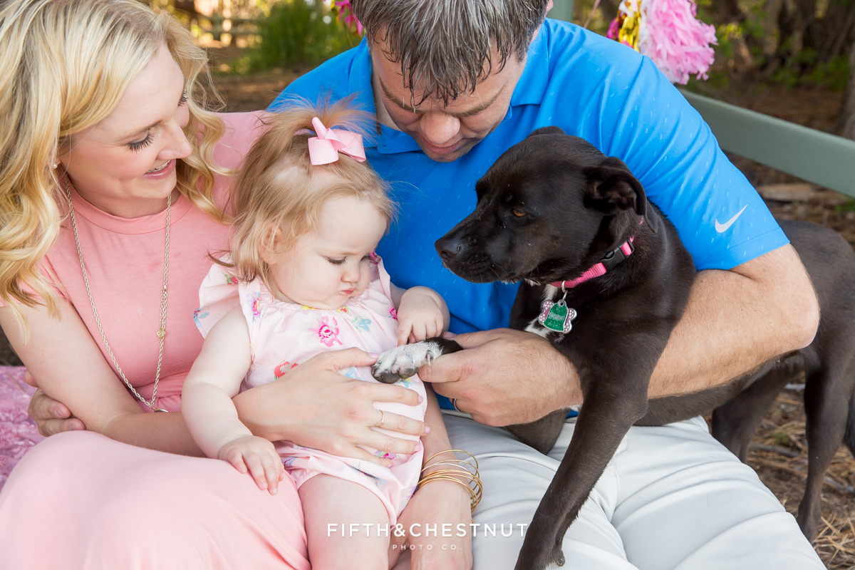Family portrait at Kiva Beach by Lake Tahoe Family Photographer featuring a one year old girl and a dog