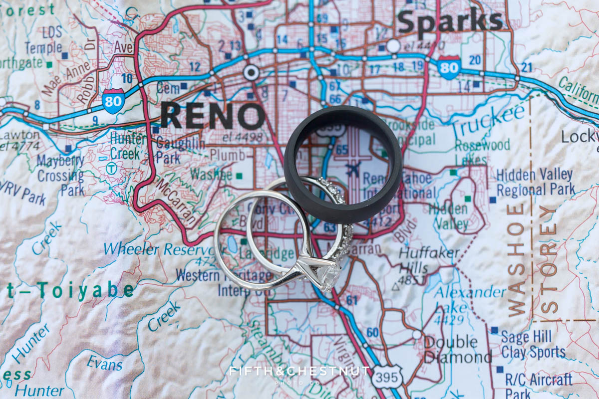 Wedding rings on a map of Reno, NV