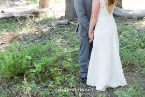 Bride and groom hold hands in the forest after their West shore wedding first look