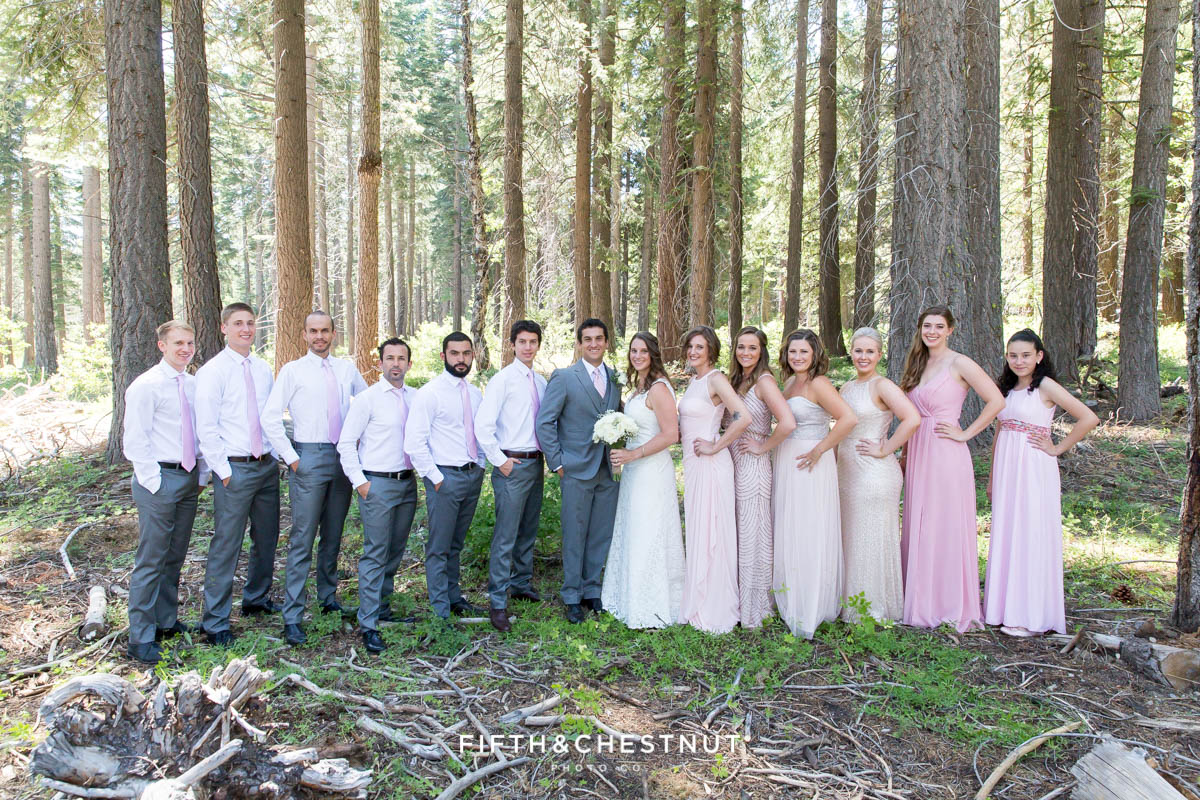 Beautifully dressed wedding party poses for a North Lake Tahoe Wedding portrait