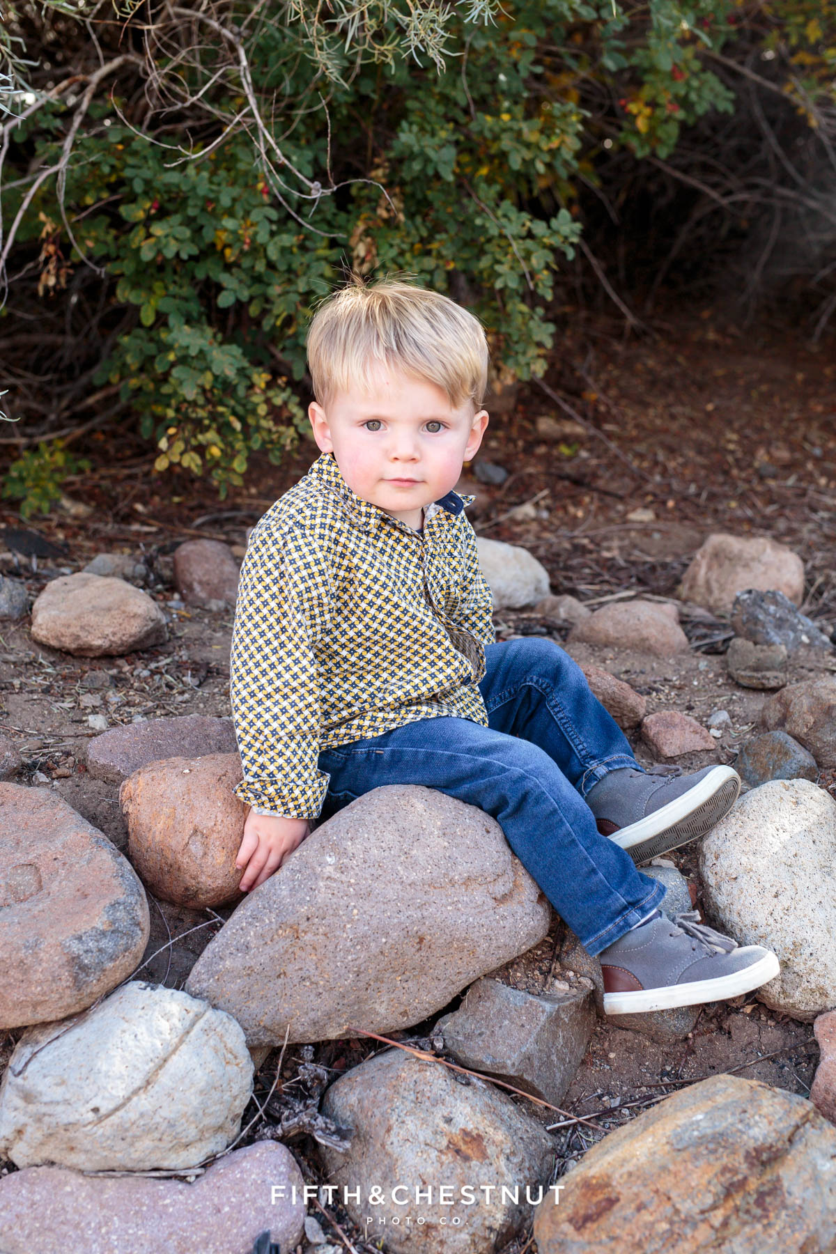 newly adopted little boy sits on rocks for Bartley Ranch Portraits by Reno Family Photographer