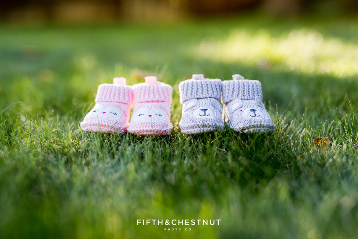 Twin Gender reveal with pink booties and gray booties
