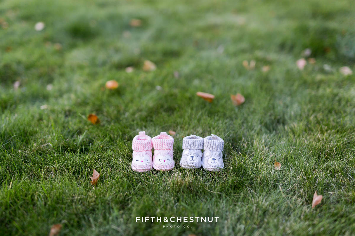 Twin Gender reveal with pink booties and gray booties on grass