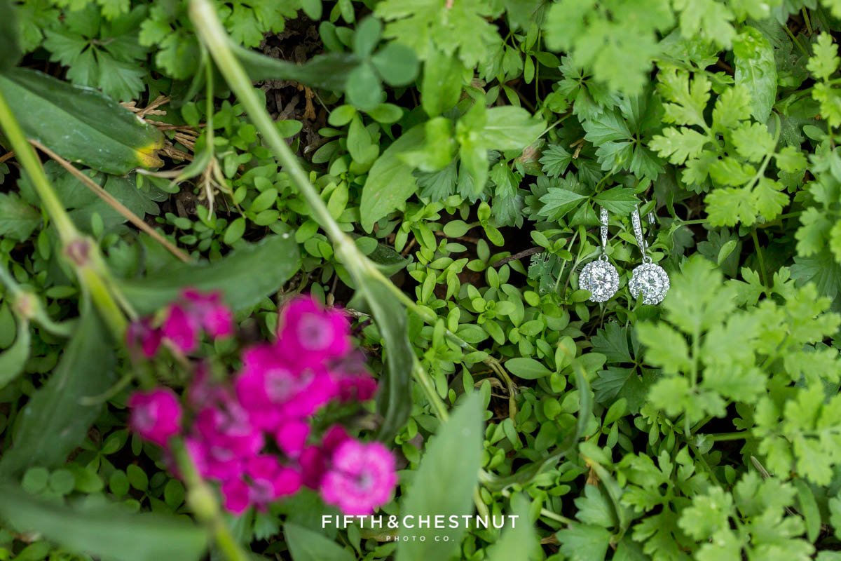 sparkly wedding earrings in flowers for a Greenhorn Creek Guest Ranch Wedding