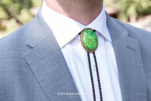 detail shot of groom's bolo tie for his Greenhorn Creek Guest Ranch Wedding