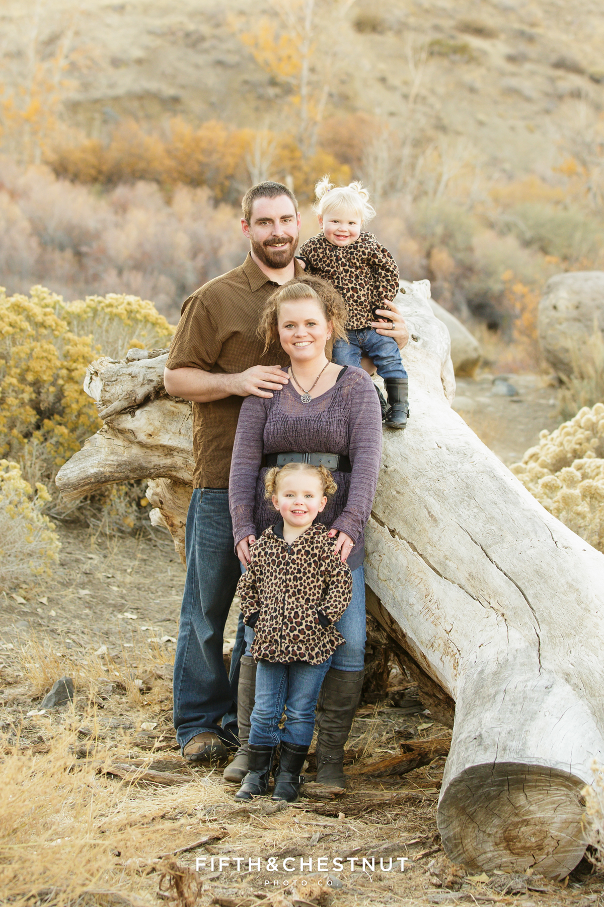 Mayberry Park Portraits near wooden log by Reno Family Photographer