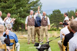Grooms walk back down the aisle and celebrate at their Truckee Wedding at PJ’s at Gray’s Crossing