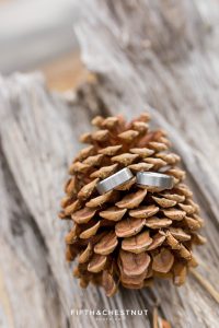 Detail photo of grooms' rings on a pine cone for their Truckee Wedding