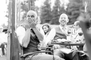 Groom blows his friend a kiss at his same-sex wedding in Truckee during her toast