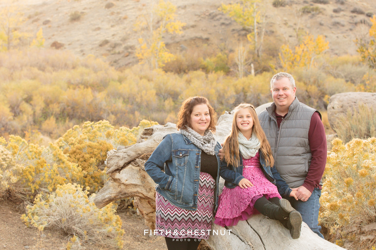 Family of three poses near log for Mayberry Park Portraits