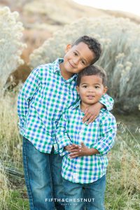 Mayberry Park Portraits of toddlers dressed in matching plaid shirts