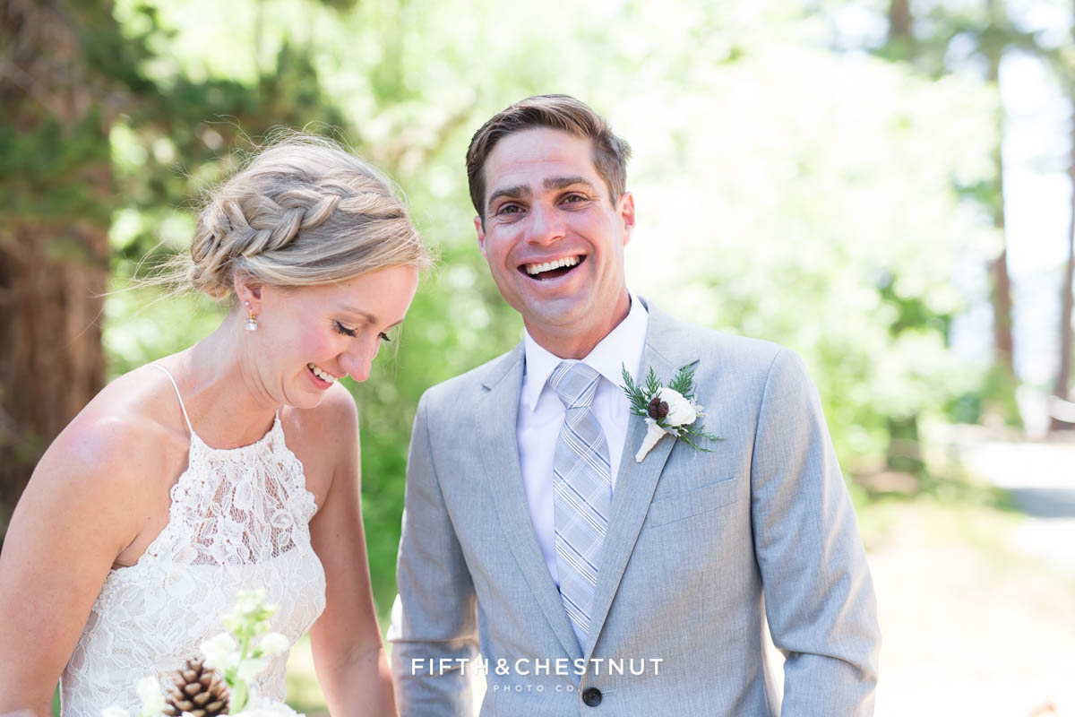 groom laughing with his bride in zephyr cove