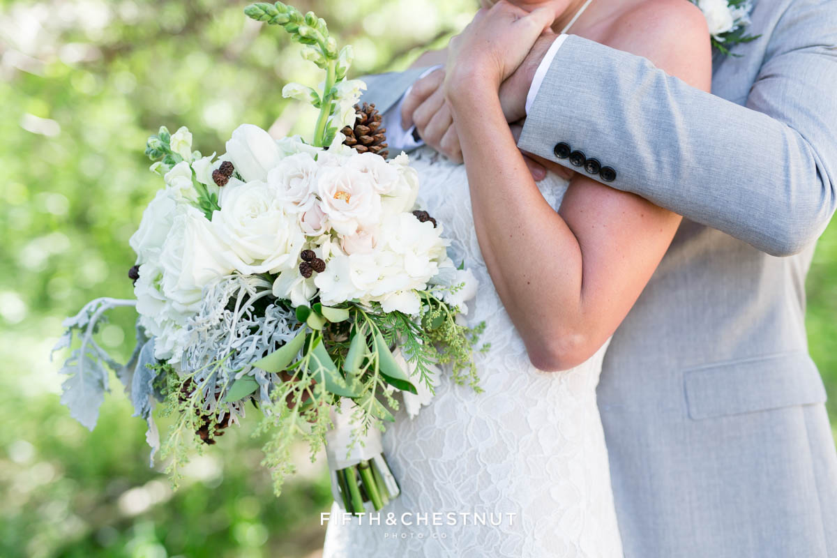 close up of twine and dandy bouquet for a zephyr cove wedding by lake tahoe wedding photographer