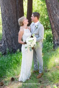 zephyr cove bride and groom look at one another lovingly for portraits by Lake Tahoe wedding photographer