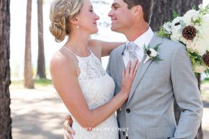 bride and groom look lovingly at each other for a wedding in lake tahoe wedding