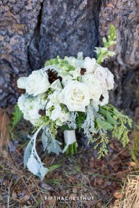 bouquet resting against tree by twine and dandy before a zephyr cove wedding on a summer day