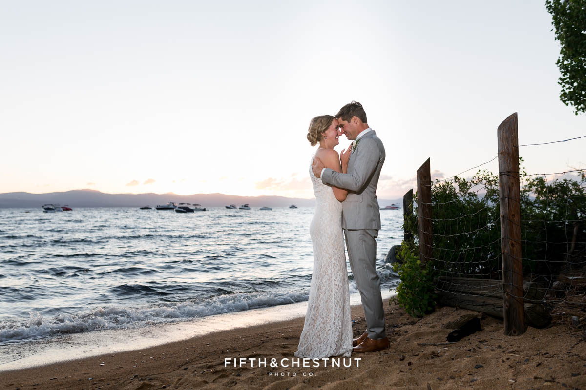 bride and groom portrait at sunset at zephyr cove