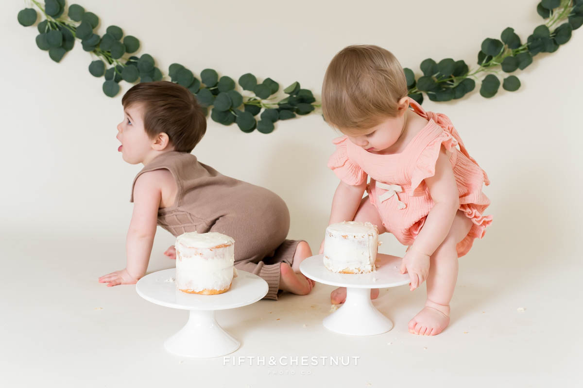 Cute bohemian cake smash for twins by Reno Baby Photographer