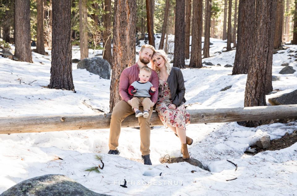 A family of three sits on a suspended fallen log with snow surrounding them for winter Reno family portraits by Reno Family Photographer
