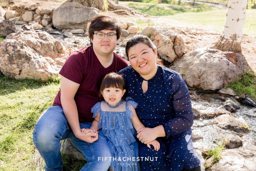 Springtime family Portraits in Reno of a family of three at Caughlin Ranch by Reno Family Photographer