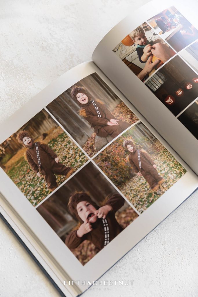 A photo album open to a page with a little boy in a Chewbacca costume to showcase how to preserve your memories by a Reno Family Photographer