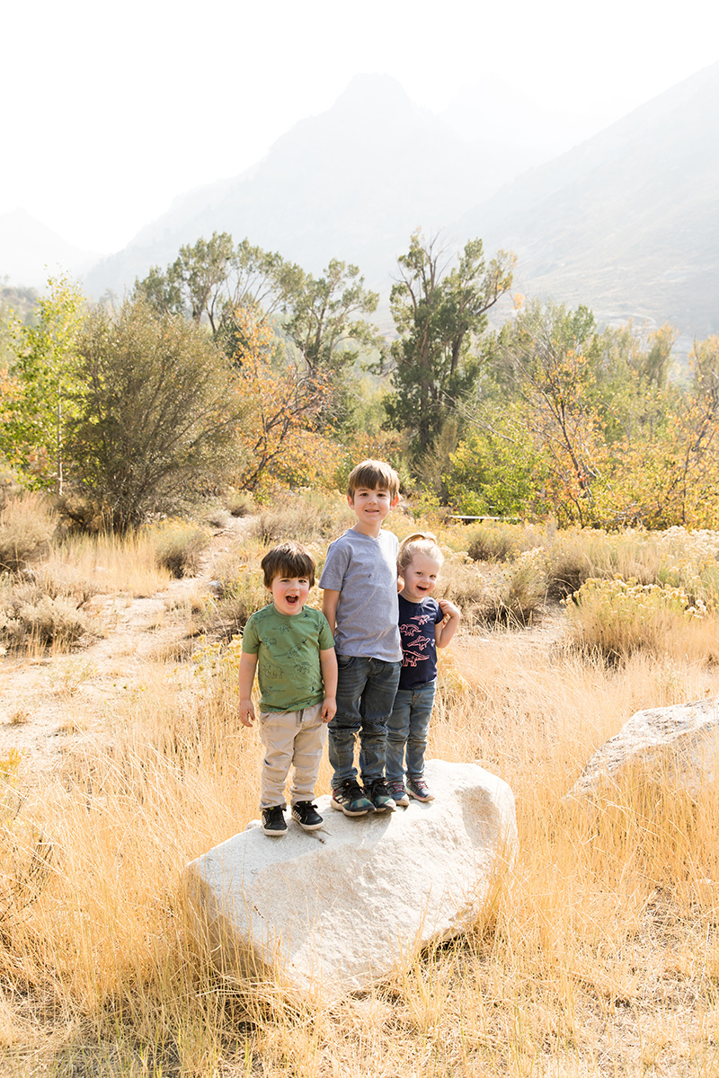 Three young children stand on a boulder with the smoky Ruby Mountain Range behind them while camping in Lamoile Canyon, Nevada