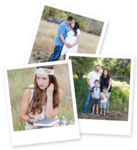 A group of three polaroids showing Reno family and senior photography of a young teen wearing boho style clothing in a field, a family wearing navy, white and green in a field with grass and trees, plus a maternity couple wearing white and blue in a yellow field of long grass