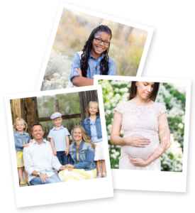A grouping of three polaroid photos showcasing Reno family photography with images of a family wearing yellow and blue, a maternity portrait of a woman wearing pink with flowers behind her, and a portrait of a young black woman wearing denim and glasses as an accessory
