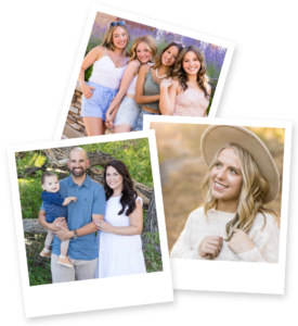 Three polaroid pictures showcasing Reno Family Photography and Reno Senior Photography with a group of girls standing in front of blooming lavender, a young woman wearing a suede hat and a cozy sweater, and a family of three wearing shades of blue and khaki in a forested meadow