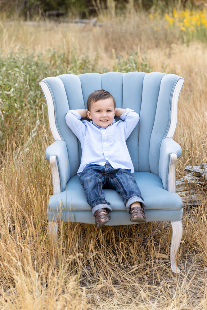 Summer Family Portraits in Verdi, NV by Reno Family Photographer on a gorgeous summer day with an extended family wearing yellow, denim and white.